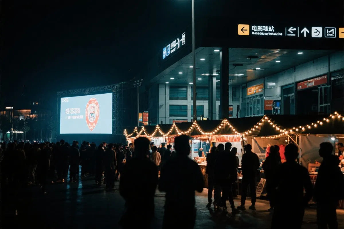 费城球迷广场夜景：大屏观赛人群、步行指示牌与公共交通入口